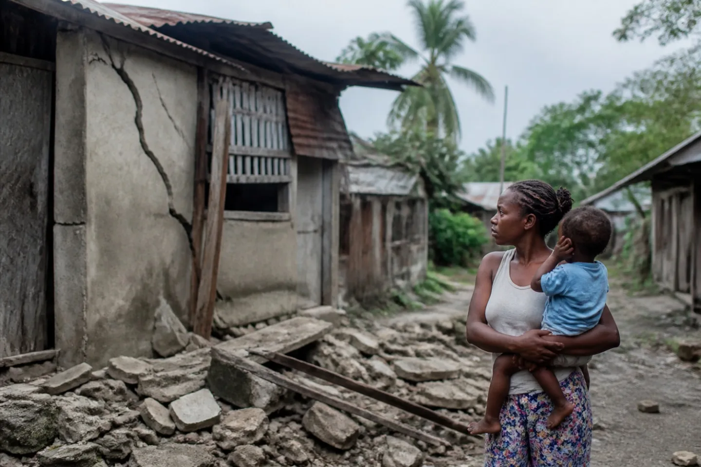 fachadas de edificios de hormigón con grietas visibles y daños estructurales en chocó tras el sismo, bajo luz diurna clara.