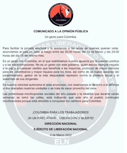 ELN anuncia cese al fuego