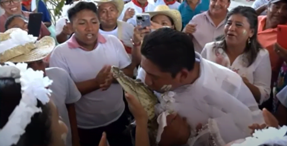 Alcalde se casó con un caimán a la que vistieron de blanco y hasta se dieron un pico