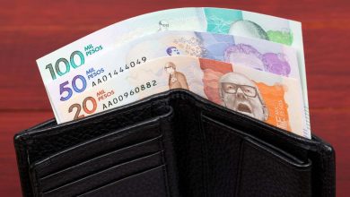 una billetera con pesos colombianos de varias denominaciones salario mínimo / colombia mayor / transferencia monetaria - prima de diciembre