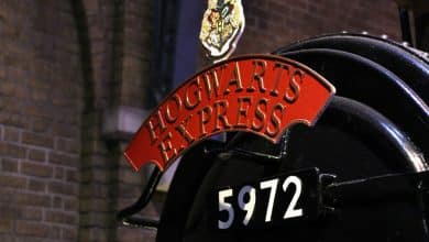Detalle de la locomotora del expreso de Hogwarts con la escritura roja y el n&uacute;mero del tren que sale del and&eacute;n nueve y tres cuartos / Robbie Coltrane