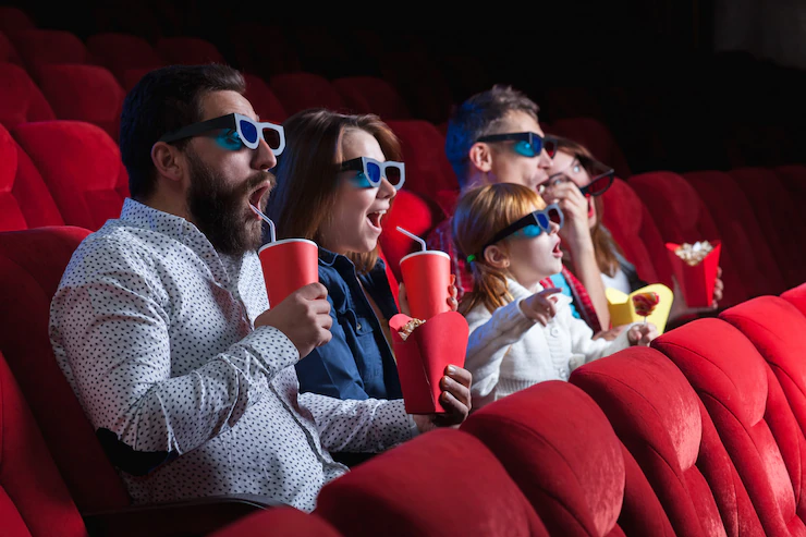 personas asombradas en el cine con lentes 3d 