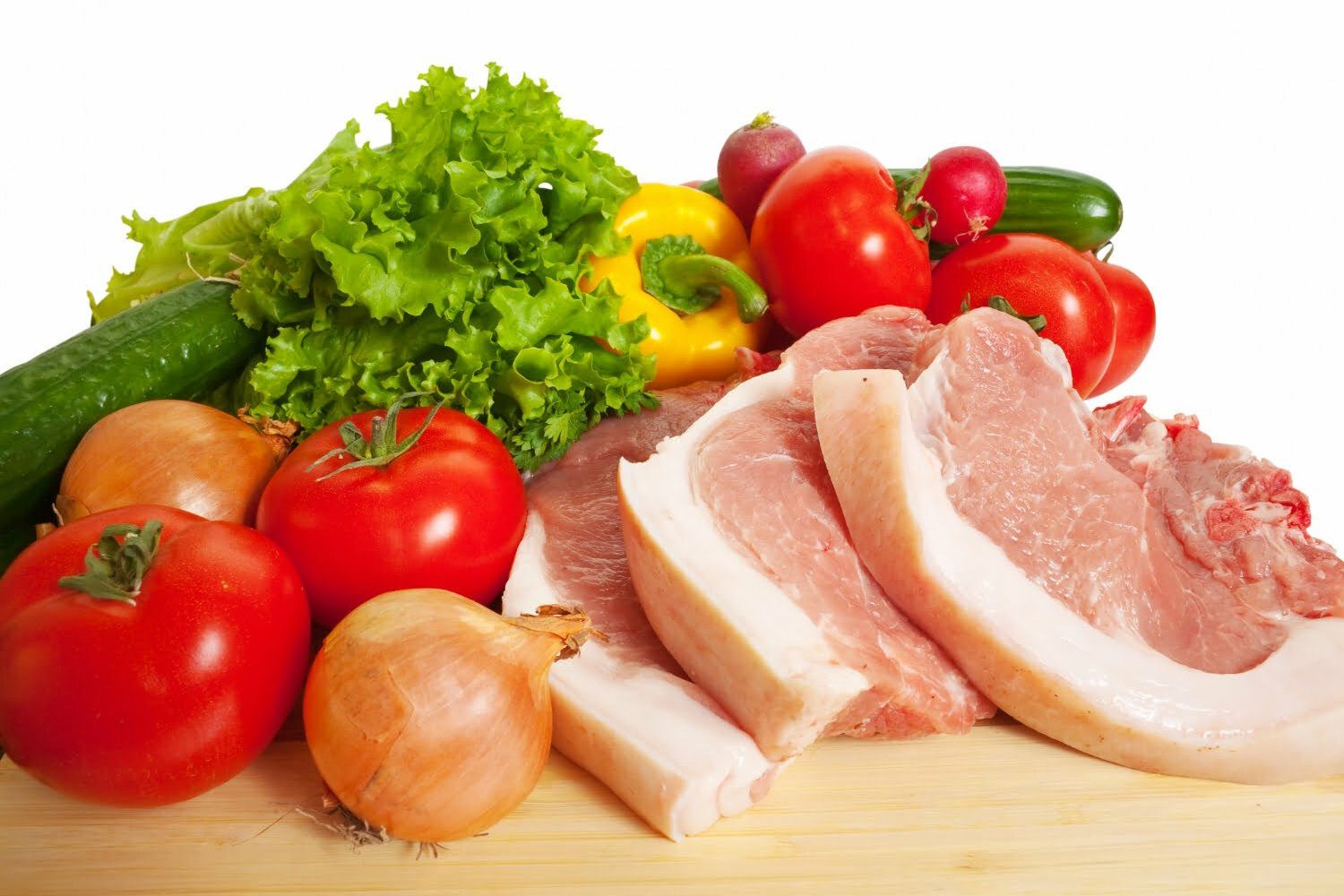 Alimentos crudos: verduras y cerdo / abdomen plano / cáncer