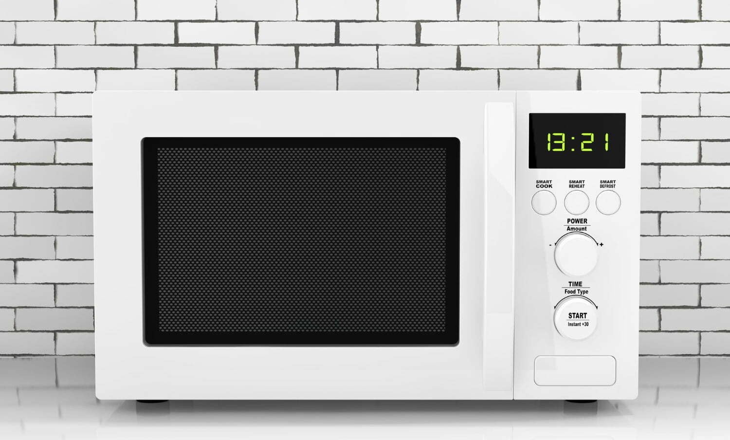 microondas blanco frente a pared de ladrillo blanco / se&ntilde;al de Internet