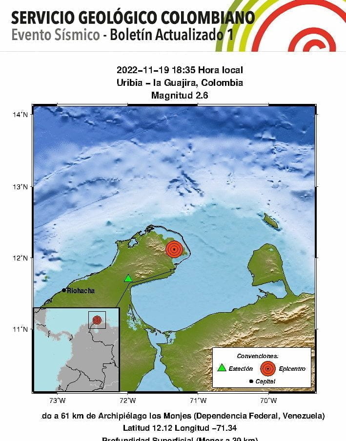Temblor sacudi&oacute; el norte de Colombia en la noche de este s&aacute;bado