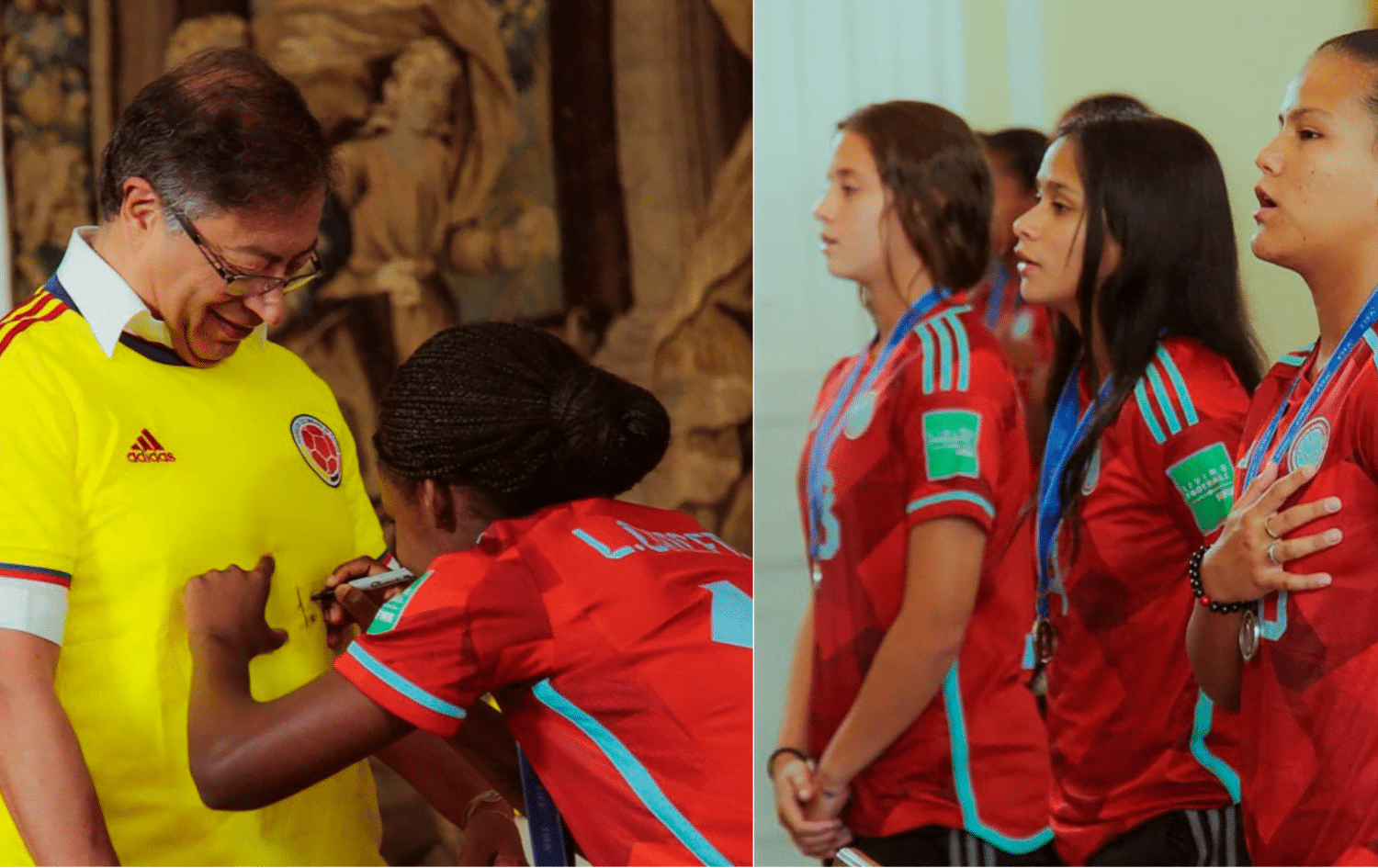 Linda Caicedo autografi&oacute; camiseta de Petro / jugadores de la selecci&oacute;n cantan el himno.