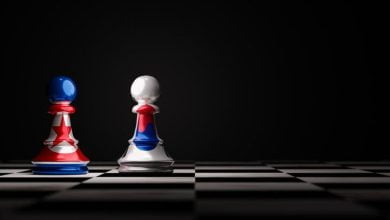 Pantalla de impresi&oacute;n de bandera de corea del norte y corea del sur en el ajedrez de pe&oacute;n para la