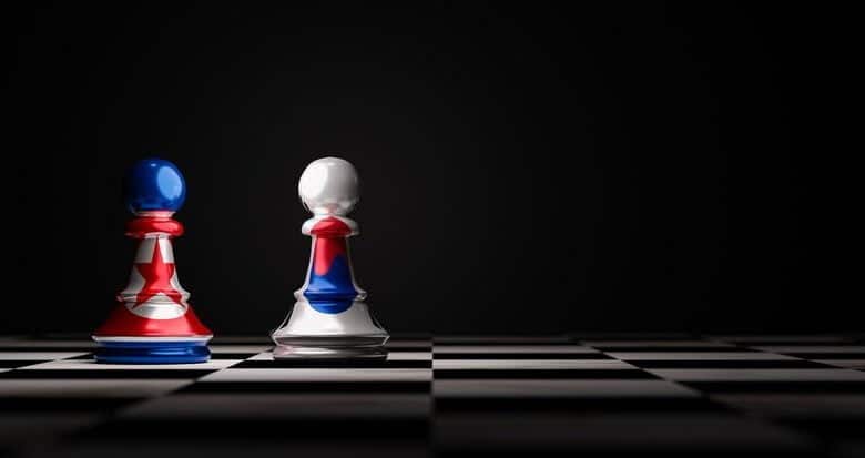 Pantalla de impresi&oacute;n de bandera de corea del norte y corea del sur en el ajedrez de pe&oacute;n para la