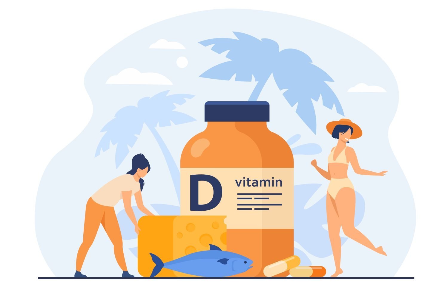 Ilustración de mujeres adquiriendo vitamina D para evitar la deficiencia, a través del sol, los alimentos y suplementos