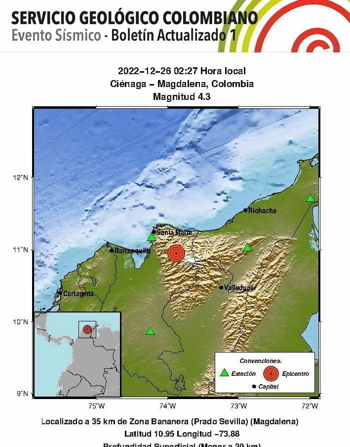 Se registr&oacute; fuerte temblor en Colombia durante la madrugada de este lunes