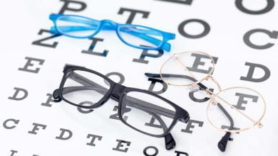 varios estilos de gafas sobre tabla de Snellen