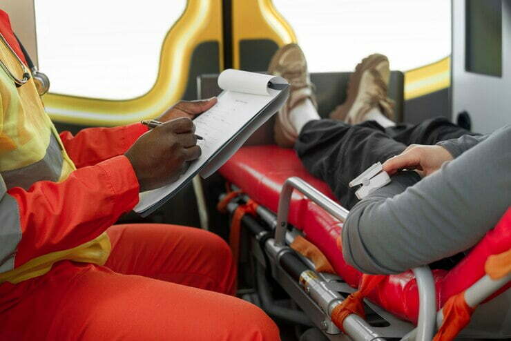 Foto paramédico tomando notas vista lateral accidente de autobús