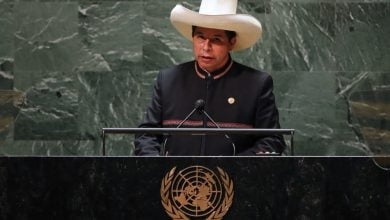 El presidente peruano Pedro Castillo se dirige a la 76ª Sesión de la Asamblea General de la ONU el 21 de setiembre de 2021 en Nueva York. Perú
