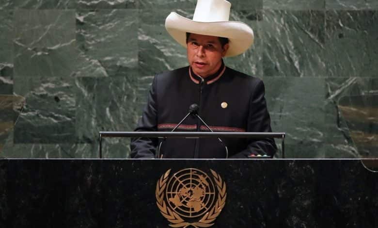 El presidente peruano Pedro Castillo se dirige a la 76&ordf; Sesi&oacute;n de la Asamblea General de la ONU el 21 de setiembre de 2021 en Nueva York. Per&uacute;