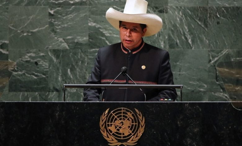 El presidente peruano Pedro Castillo se dirige a la 76ª Sesión de la Asamblea General de la ONU el 21 de setiembre de 2021 en Nueva York. Perú
