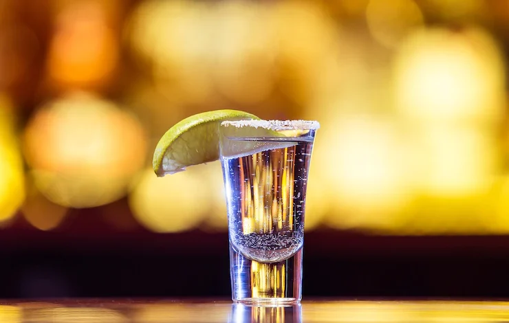 un tequila plateado en un vaso con luces brillantes. bebida tradicional mexicana licor
