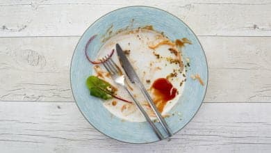 plato vac&iacute;o con sobras de una comida sobre un fondo blanco de madera / comer