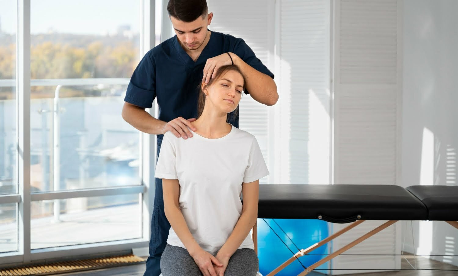 Quiropr&aacute;ctico atendiendo a una mujer por dolor en su cuello
