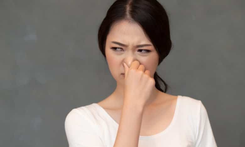 mujer asi&aacute;tica cubriendo su nariz por mal olor / mal olor corporal / malos olores corporales