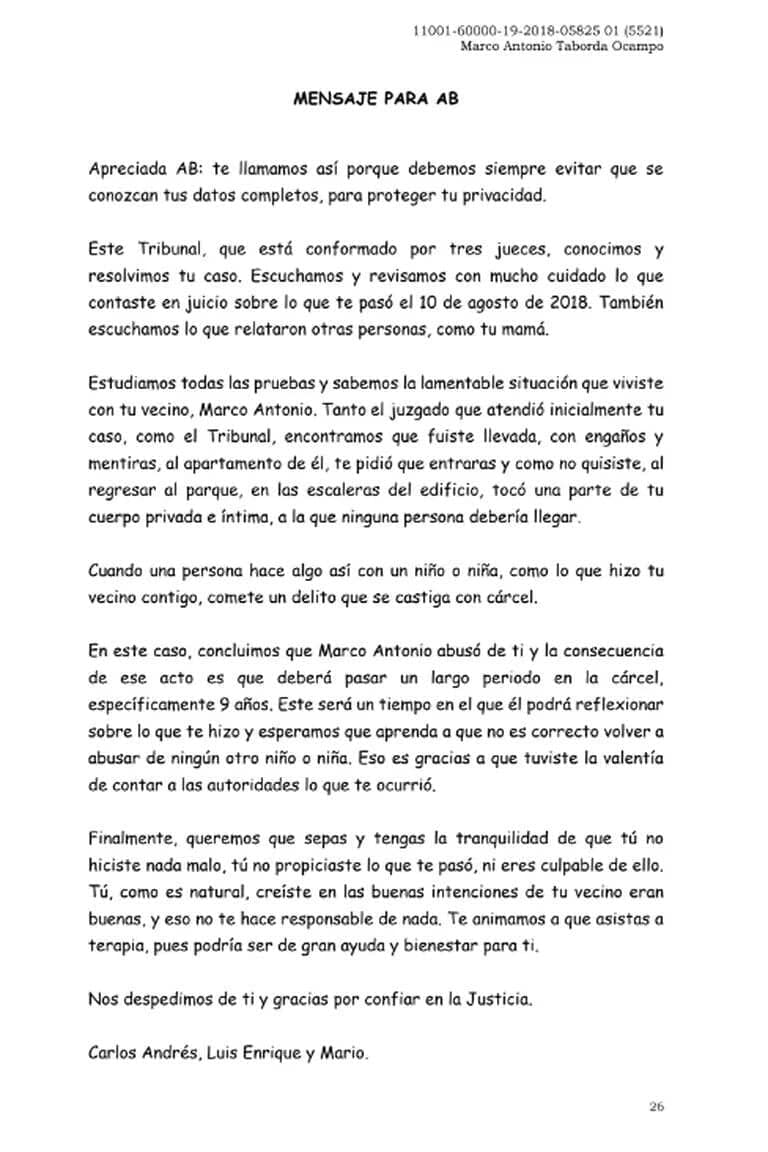 carta que magistrados le dieron a una ni&ntilde;a v&iacute;ctima de violaci&oacute;n