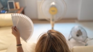 Mujer sentada en un sofá con varios fans dándole aire y un ventilador en la mano, altas temperaturas / Fenómeno de El Niño / calor