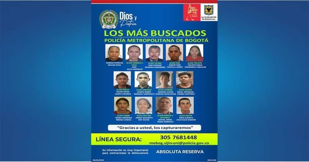 Publican cartel con recompensa de los m&aacute;s buscados por homicidio y hurto en Bogot&aacute;