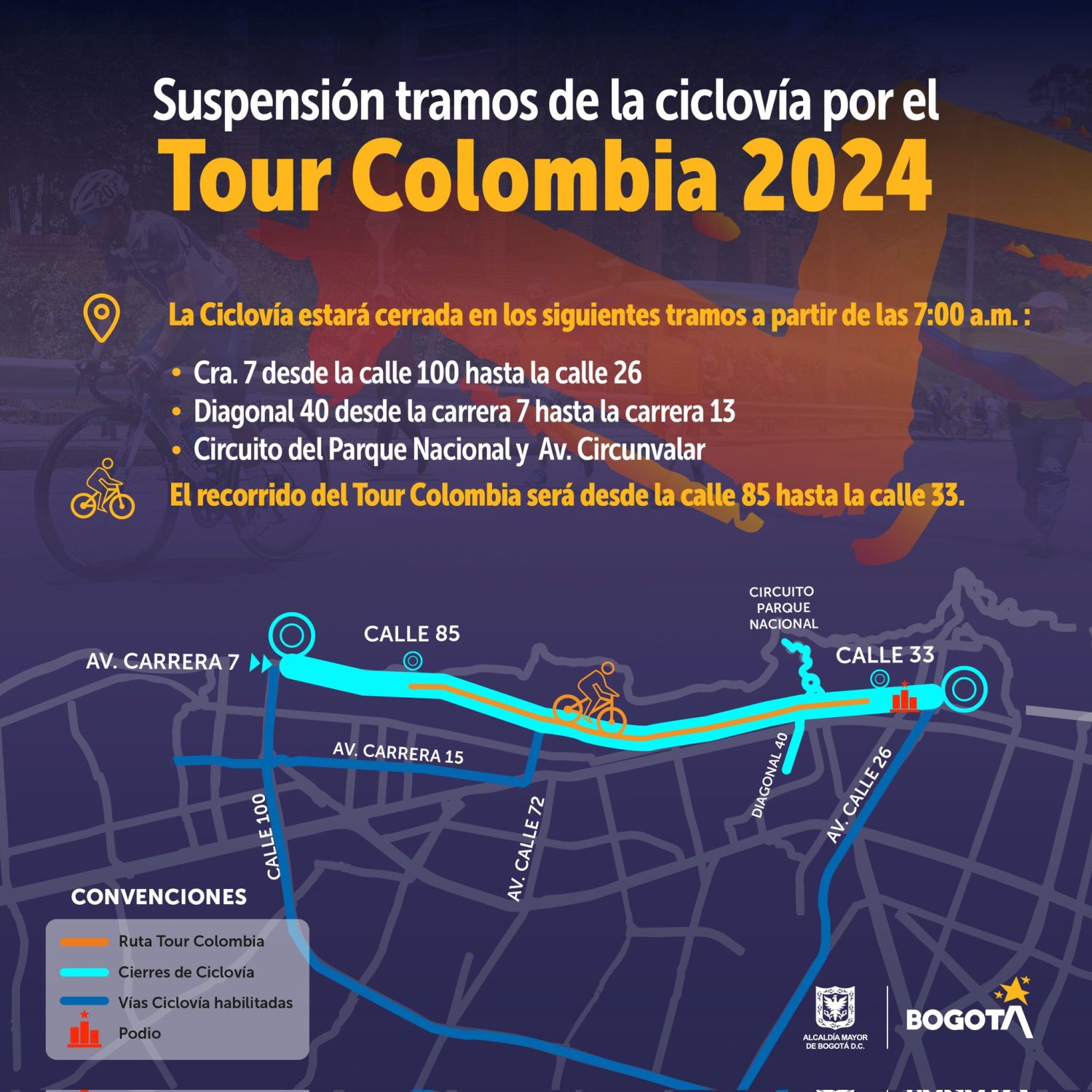 Tour Colombia; Estos son los cambios en la ciclov&iacute;a para este 11 de febrero.