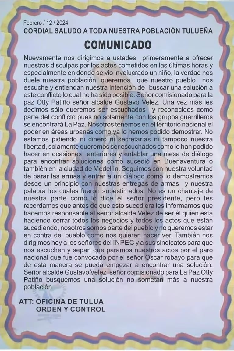 comunicado de la inmaculada