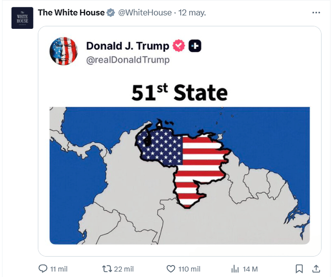 La imagen, difundida desde una cuenta gubernamental oficial, fue interpretada por miles de usuarios como una provocaci&oacute;n directa hacia la soberan&iacute;a venezolana. En cuesti&oacute;n de minutos, la publicaci&oacute;n se viraliz&oacute; y abri&oacute; un intenso debate sobre las verdaderas intenciones de Washington en medio de la crisis pol&iacute;tica que atraviesa Venezuela.